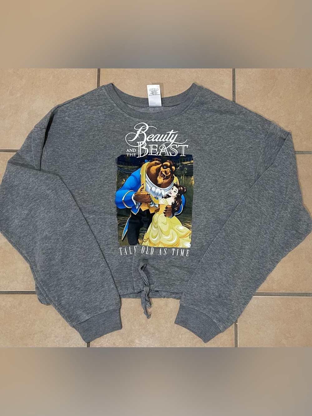 Beauty and the Beast Gray Graphic Cropped Sweatshirt
